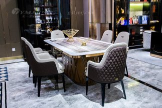 水多视频直播大气别墅家具品牌样板间家具客厅优质大理石面餐桌椅组合
