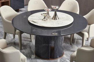 后现代轻奢风格家具水多视频直播会所别墅品牌家具时尚餐厅大理石+黑檀圆餐桌餐台